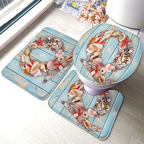 Badezimmerteppich-Set, 3-teilig, Buchstabe Q, Verschiedene Meerestiere, Tropische Farben, waschbare Badeteppiche, rutschfest, mit Rückenpolster, Konturteppich und Toilettendeckelbezug