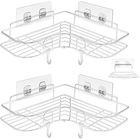 ADORAMOUR Corner Shower Caddy Bathroom Shelves Organiser Accessory Adhesive Storage Shelf with Soap Dish, Bath Accessories Shampoo Holder for Apartment Dorm Toilet (2Pack)-White Cover