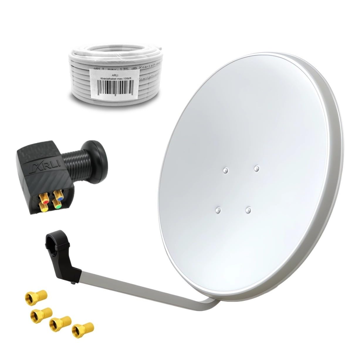 60cm HD Sat Anlage Quad LNB + 50m Koaxialkabel 135dB + Satfinder + 4 F-Stecker Digital 4 Teilnehmer Antenne Weiss UHD 4K