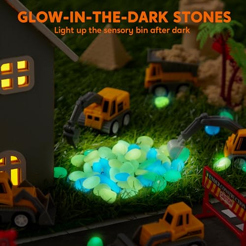 Klever Kits Construction Sensory Bin for Toddlers with Glow in The Dark Stones, Sandbox with Lid Castle Building kit, Preschool Learning Activities Gifts for Boys Girls Age 3+