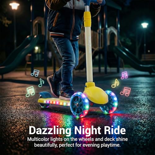 Image of Baybee Rydon Kids Scooter with 3 Height Adjustments | Portable Kick Scooter with PU LED Lights & Rear Brake | 3 Wheel Skating Scooter | Runner Scooter for Kids 2 to 10 Years Boys Girls (Yellow)