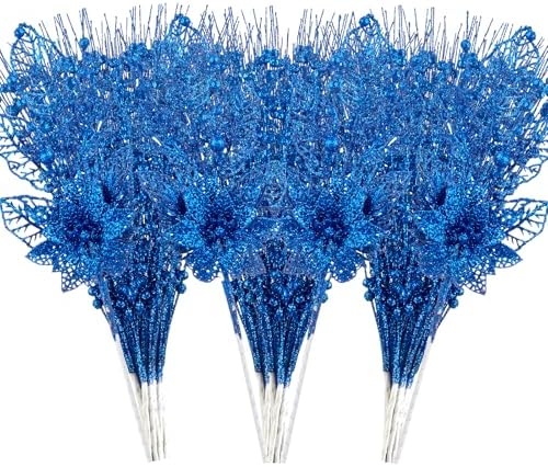 24 Pack Christmas Tree Ornaments - Artificial Flowers Glitter Berry Stems Christmas Floral Picks Branches for Xmas Tree Decorations Vase Filler Holiday Wedding Party Home Decor (Blue)