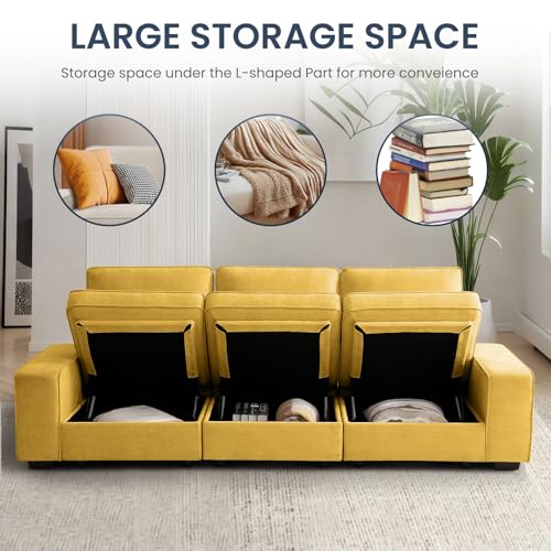 Image of TEKAMON 128 inch Modular Sofa Couch with Seat Storage, Chenille Sofa,Modern Comfy 4-Seater Couch for Living Room, Office, Apart W /Deep Seat, Wide Armrest, USB, Pockets, Removable Covers (Yellow)