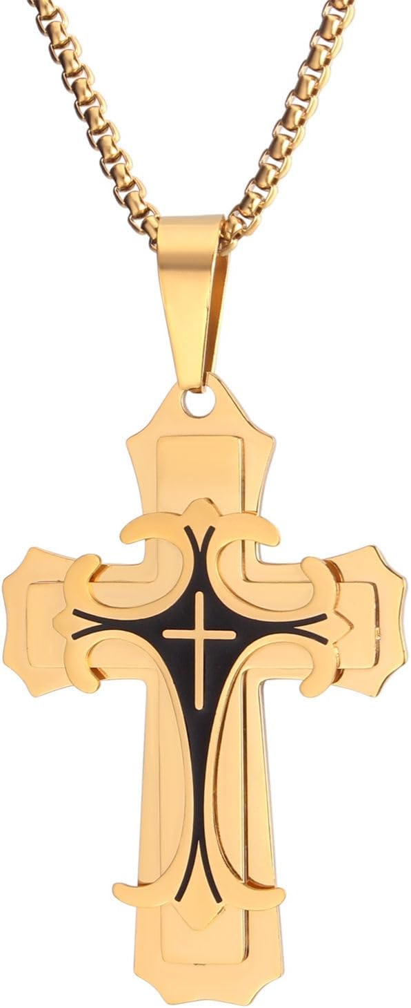 Men’s Stainless Steel Cross Necklace with Chain – Gothic Christian Pendant Jewelry for Men, Gold/Silver Tone Large Cross Pendant for Gifts