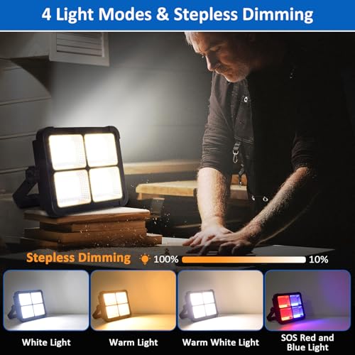 MASMEJOR 100W LED Baustrahler Akku mit Solar 10000LM Tragbare Arbeitsleuchte, 12000mAh LED Strahler Akku, 4 Lichtmodi, Campinglampe Tragbar Ideal für Camping, Arbeit, Angeln, Garage