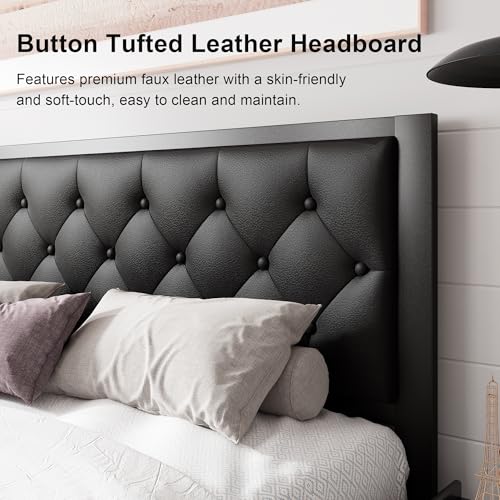 Image of Feonase Queen Size Metal Bed Frame with Faux Leather Button Tufted Headboard, Heavy-Duty Platform Bed Frame with 12 inch Storage, Steel Slats Support, No Box Spring Needed, Noise Free, Matte Black