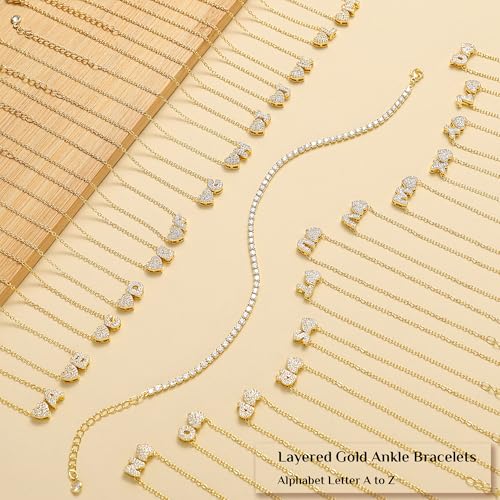 Image of Gold Initial Ankle Bracelets for Women 14K Gold Plated CZ heart Tennis Anklets for Women Waterproof Adjustable Initial Anklets Large Ankle Summer Beach Foot Jewelry