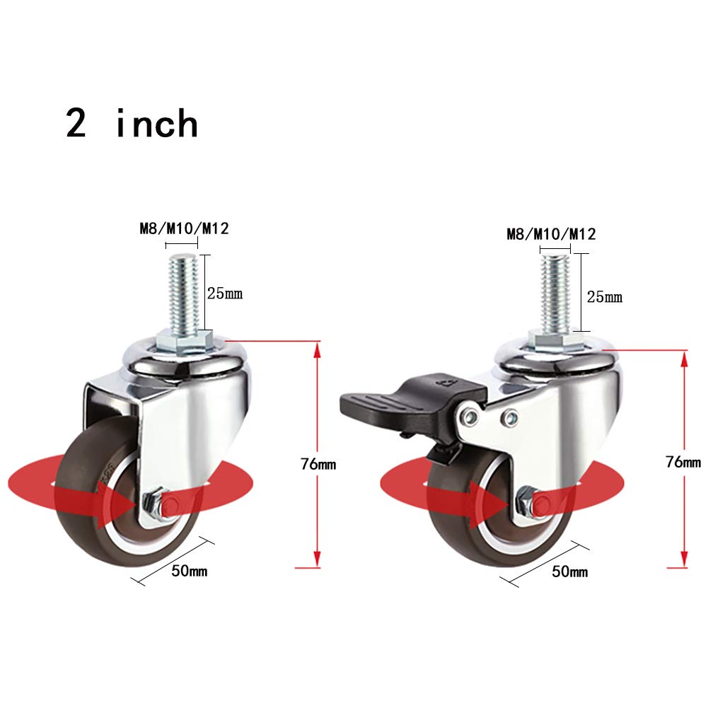 Ruedas giratorias Ruedas giratorias Muebles 2 pulgadas 50 mm Rosca M8 Tornillo M10 M12 Ruedas giratorias universales con freno Ruedas de goma silenciosas para mesa Carro Banco de trabajo Garaje 4 piez