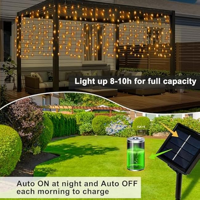 DBFAIRY Solar Curtain Lights,19.6ft x 3.3ft 300 LED Outdoor Christmas Solar Curtain Lights Waterproof Green Wire with 8 Mode for Garden Handrail Railing Eaves Wall Decoration -Warm White
