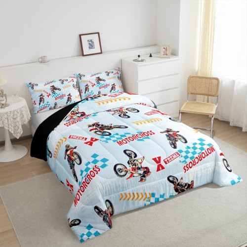Image of Feelyou Kids Dirt Bike Bedding Set Queen Size, Motocross Duvet Insert Extreme Sports Comforter Set Boys Girls Teens Bedroom Decor with 2 Pillow Case
