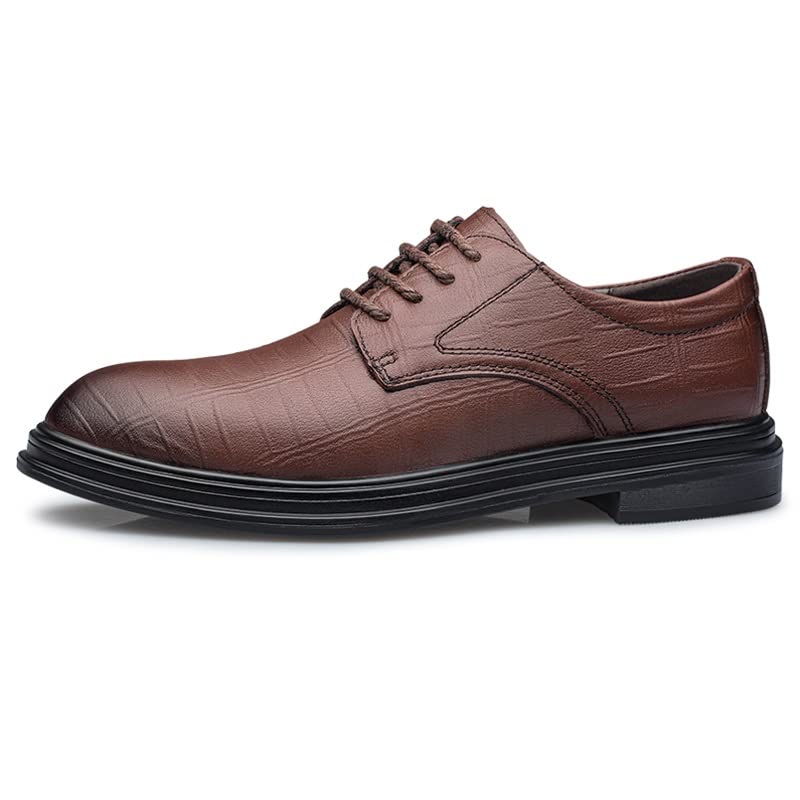 HOOENG Formal Oxford Shoes for Men Lace Up Round Toe Plaid Leather Derby Shoes Rubber Sole Block Heel Low Top Anti-Slip Prom3