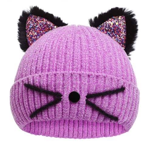 Little Girls Sequin Cat Ears Hats Cute Warm Knit Beanie Hat for Kids Winter Outdoor Snow Ski Skull Cap 3-8 Years