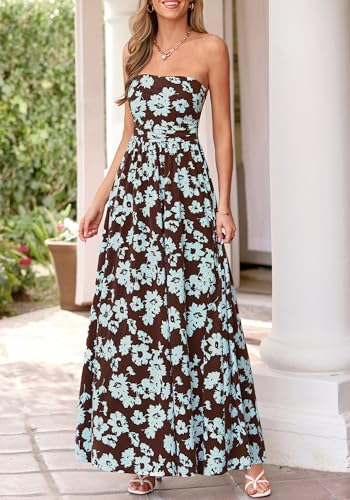 BTFBM Summer Maxi Dresses for Women 2026 Strapless Tube Top Floral Spring Wedding Guest Dress Beach Vacation Outfits(Coffee Blue Flower, Small) — view 4