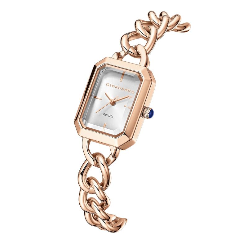 Image of Giordano Elegant Watch for Women with Gloss Sunray Dial, Quartz Movement, Rectangular Case, Stainless Steel Chain Strap and Blue Crown Accent