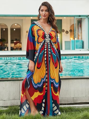 Image of sunforyou Kaftan Dresses for Women Plus Size Lightweight Swimsuit Cover up Batwing Sleeve Print Loungewear Beach Robe
