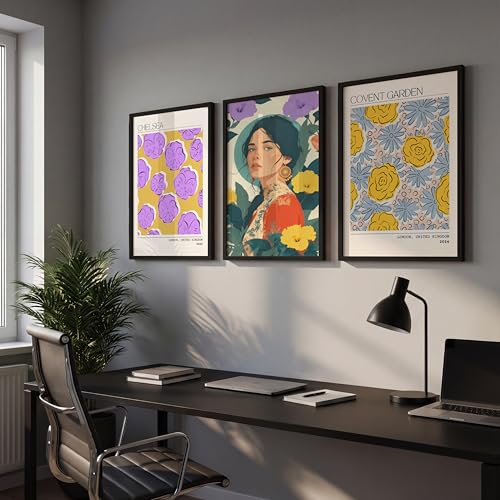 Image of NoWorries Modern Portrait Art & London Floral Wall Frames Paintings | Chelsea & Covent Garden Botanical 300 GSM Premium Prints | Stylish Home Decor for Living Room, Office & Bedroom | Synthetic Wooden Wall Art Frames (Set of-3) (BLACK, ART-11, 13X19INCHES)