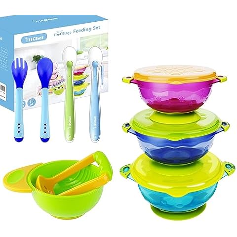 MICHEF Baby Bowls, Baby Feeding Bowls Set with 2 Hot Safe Baby Fork and Spoon, 2 Soft-Tip Silicone Baby Spoons, Mash and Serve Bowl - Baby Shower, Set of 3 Suction Baby Bowls for Toddler with Lids Cover