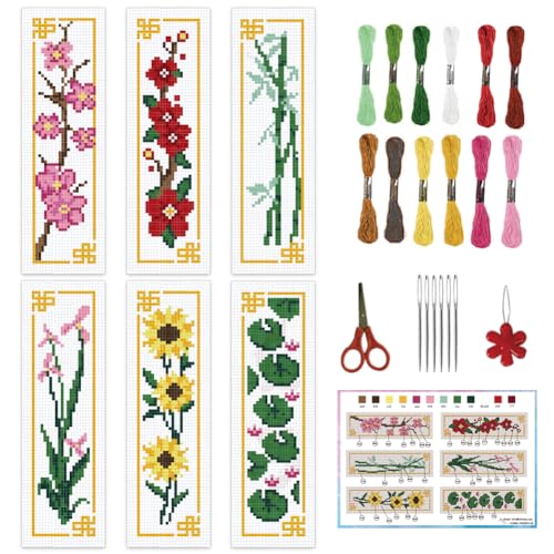 Image of INFUNLY 6PCS Plum Blossom Cross Stitch Bookmark Kit for Adults Bamboo Cross Stitch Kits DIY Crossstitch Kits Flowers Stamped Embroidery Bookmark Kit with Instructions for Book Lovers Readers