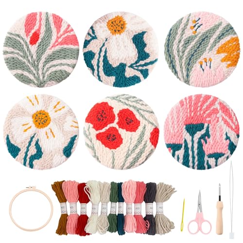 Myfelicity Punch Needle Coasters kit, 6-Piece Flower Pattern Set - Cup Holder DIY Punching Needle Embroidery Kit (floral01)