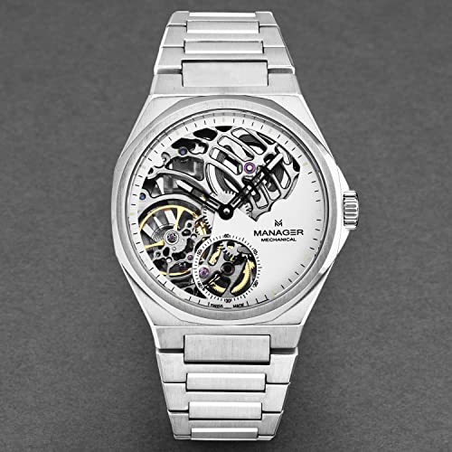 Manager Men's 'Revolution' White Dial Stainless Steel Bracelet Hand Winding Watch MAN-RM-04-SM4