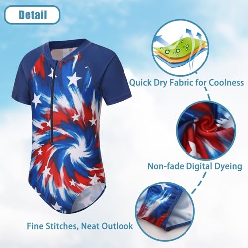 Image of Girls One Piece Rash Guard Swimsuits for Kids Girls Short Sleeve Bathing Suits with Front Zipper Swimwear 3-16 Years
