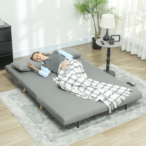 HOMCOM 3 in 1 Schlafsofa 130 x 190 cm Sofa mit Bettfunktion, Klappbar Couch mit Lendenkissen, Samtoptik, Verstellbarer Rückenlehne für Wohnzimmer, Schlafzimmer, Hellgrau