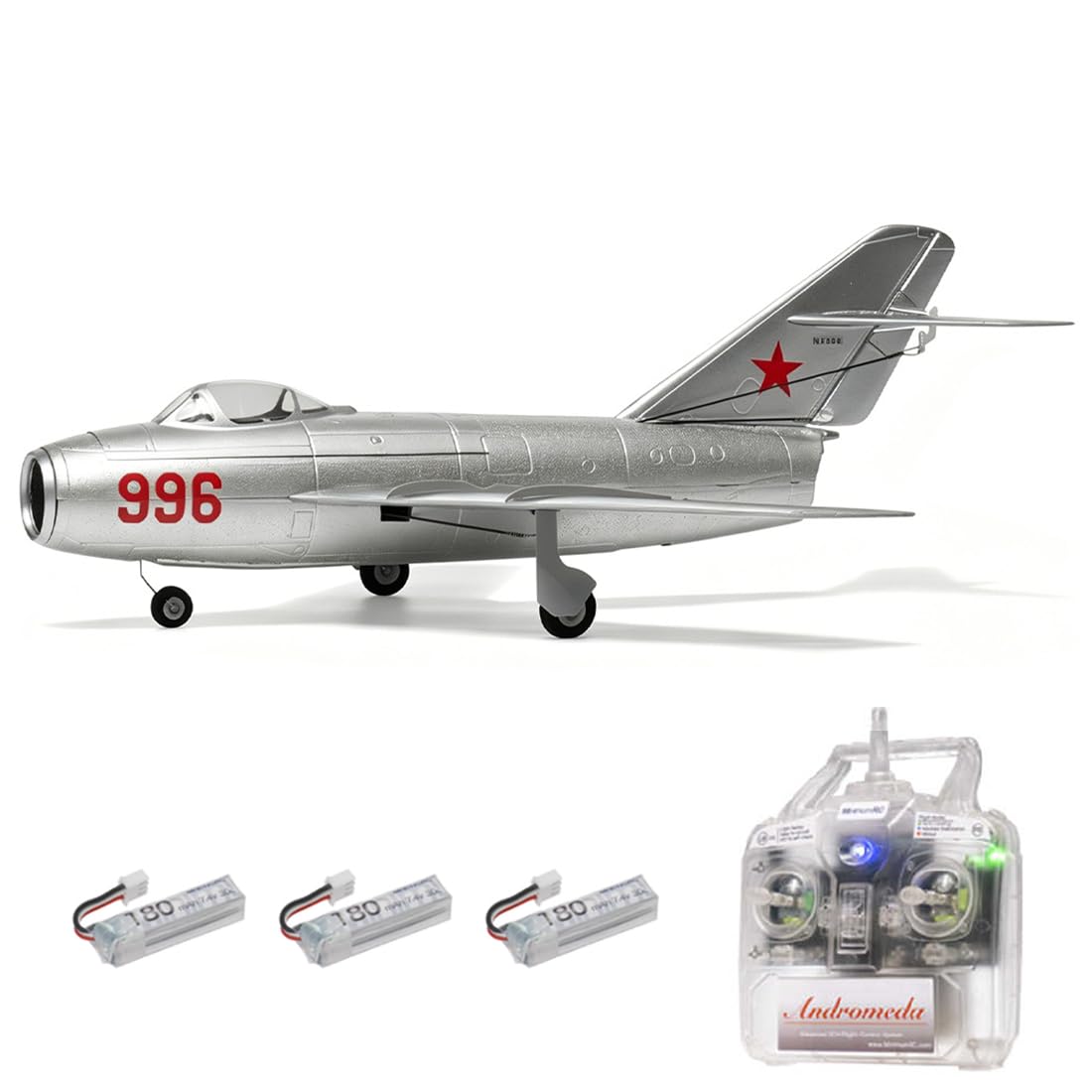 MinimumRC MiG-15 Micro EDF Jet 30mm 2S, 4CH RC Avión con estabilización giroscópica, estructura de aire EPS, engranaje de aterrizaje desmontable (acelerador izquierdo/3 baterías)