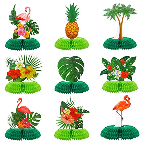 Honoson 9 Pcs Hawaiian Luau Aloha Party Decorations Summer Tropical Honeycomb Centerpieces Table Topper Flamingo Pineapple Palm Tree Table Centerpieces for Party Kids Birthday Beach Hawaii Supplies