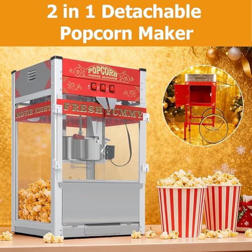 Image of Commercial Popcorn Machine with Cart & Wheels - Popcorn Maker with 26OZ Stainless Steel Kettle, Pop corn Machine Maker for Home, Parties, Movie Theater, Red