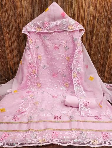 Image of Women's Organza Silk Embroidery Unstitched Salwar Suit Dress Material