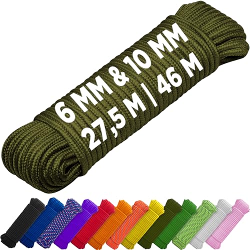 TECEUM Seil - 6 MM & 10 MM - 27.5M | 46M - Starkes Allzweckseil - Camping, Basteln, Fahnenmast, drinnen & draußen - Polypropylen Nylon Poly leichtes Diamant geflochtenes Seil - Armeegrün
