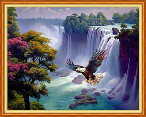 Image of Foxhool Beginners Cross Stitch Kits Stamped Full Range of Embroidery Kits for Adults DIY Cross Stitches kit Embroidery Patterns for Needlepoint kit-Eagle Falls 16x20 inch