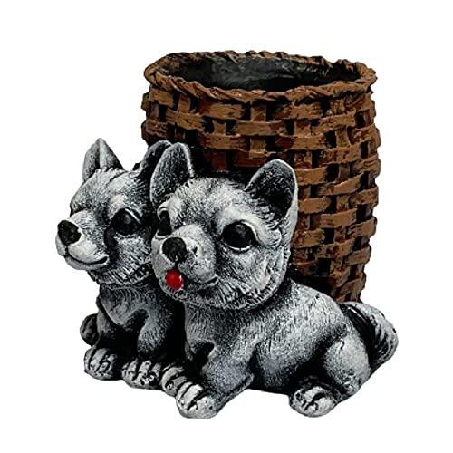 Image of AUGEN Pen Stand Decorative Hand Painted Two Puppy, Dog Design Stationery Holder | Gift Item | Table Top Decor (1053)