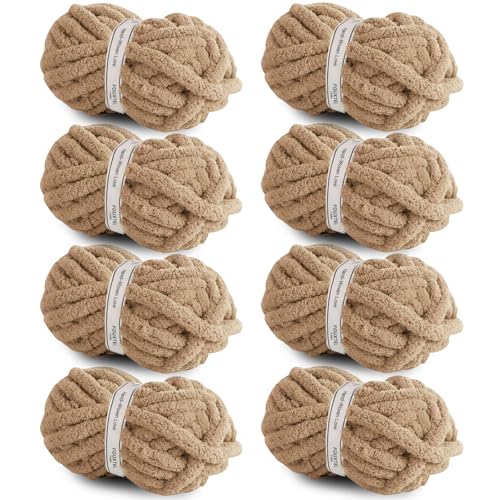 Image of 8 Jumbo Packs Chunky Chenille Yarn for Crocheting, 31.7 yds, 8 oz Each Skein Bulky Thick Fluffy Yarn for Knitting, Super Bulky Chunky Yarn for Hand Knitting Blanket, Soft Plush Yarn - Khaki
