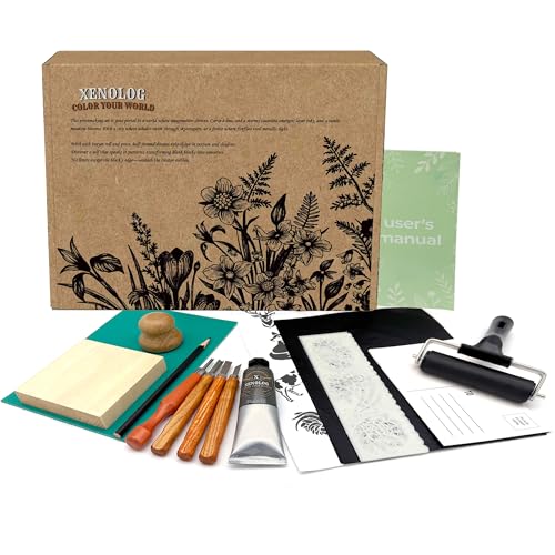 Super Value for Block Printing kit - Premium lino Cutters, Linoleum Blocks for printmaking, Printing Ink (Black), baren, Linocut Tools, Basswood, Transfer Paper, Stencils, and Guide - Ideal Gift
