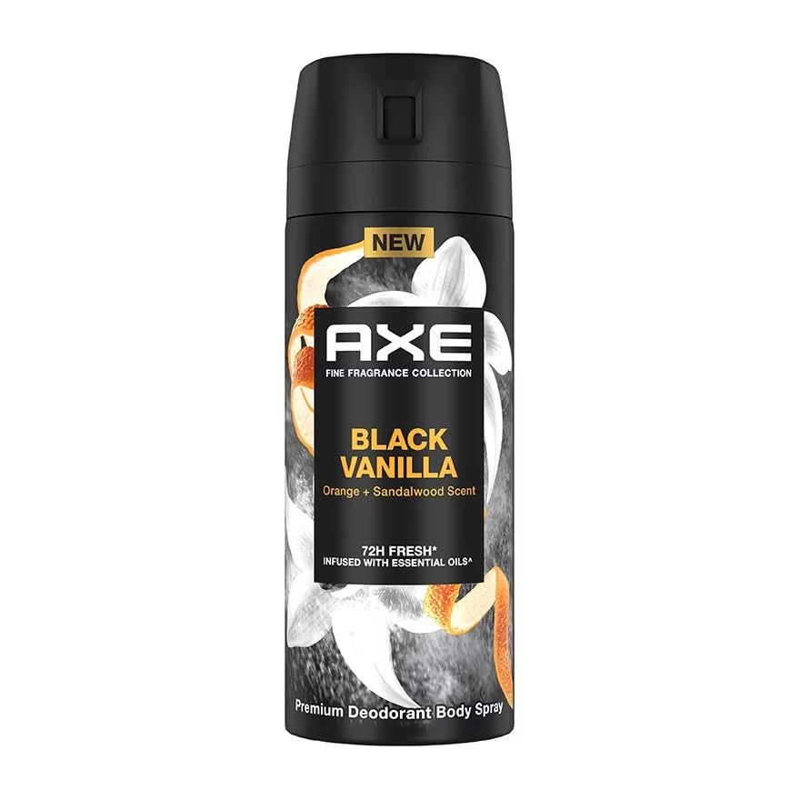 Axe Black Vanilla Premium Deodorant Body Spray, 72H Freshness, Orange Mandarin and Sandalwood, 135 ml