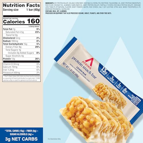 Image of Atkins Lemon Flavored Snack Bar, High Protein Bar, Low Sugar and Low Carb, Keto Friendly Snack, Gluten Free, High in Fiber, Made with Real Almond Butter, 16 Count