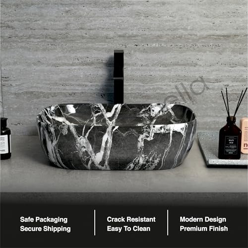 Image of Designer Ceramic Wash Basin For Bathroom | Over Counter Bathroom Basin | Counter Top Bathroom Sink | Wash Basin For Restaurant, Hotel (18 x13 x 5 Inch) (Charcoal Black Marble)
