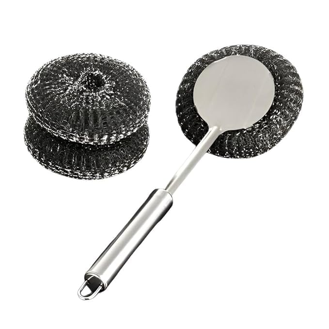 Jyoaa Stainless Steel Handel Dish Cleaner Stainless Steel Scrubber with Handle Steel Sponge Ball Brush Pot Cast Iron Scrubber Pan Cleaning Brush Rapid Long Steel Handle Brush-image-31