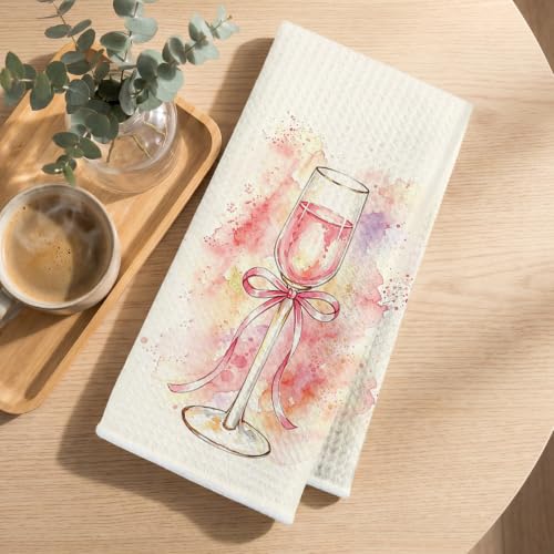 Image of 2 Pcs Pink Bow Kitchen Towels, Coquette Pink Reusable Dish Towels | Champagne Lover Gifts for Women Mom Friend, Waffle Weave Hand Cloth Tea Towel for Kitchen Bathroom Home Decor 24x14 Inch