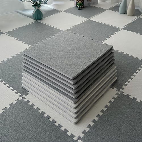 AHTCPO Interlocking Carpet Square, Cotton Linen Puzzle Foam Floor Mat with Border for Home, Yoga or Gym (30 * 30cm)(Light Gray-Light Gray,0.6cm-12p)