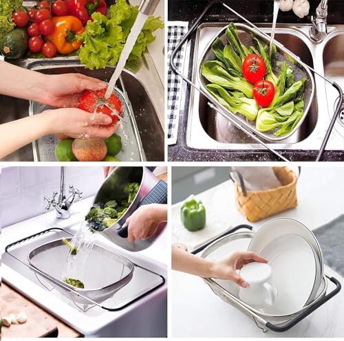 Image of Strainer Sink Basket Stainless Steel Oval Colander Rubber Grip Handle, Fine Mesh Baskets Kitchen Over The Sink Colander for Strain, Drain, Rinse Vegetables, Fruits (1 Pc, Silver)