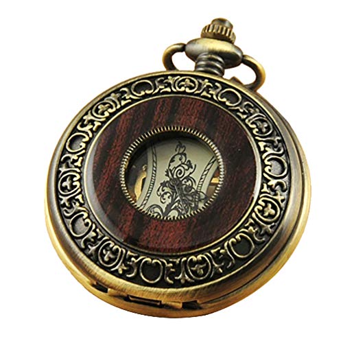 VIGOROSO Men’s Hand-Wind Mechanical Pocket Watch Vintage Steampunk Wood Grain Hollow Design with Chain and Box