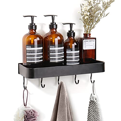Luxbon Duschregal Ohne Bohren, Duschablage Selbstklebend Schwarz Aluminum Badregal Duschkorb Organizer mit 5 Haken, für Bad Küche Zimmer Cover