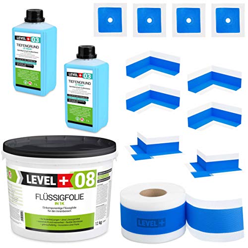Set de 12 kg de líquido impermeabilizante, 4 esquinas interiores, 2 esquinas exteriores, 4 manguitos de pared, 20 m de cinta de sellado, 2 l de fondo, juego de bandas de sellado para ducha baño SET321