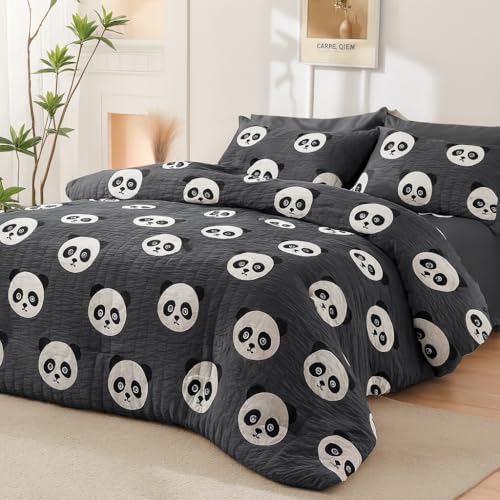 Image of 200 GSM 400 TC Kids Glace Cotton Reversible Cartoon Printed Double Bed King Size Comforter with Matching Bedsheet 90 * 100 with 2 Pillow Covers Set of 4 Pieces (Panda)