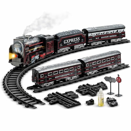 Image of Classic Toy Train Set for Kids 3-8, Electric Steam Train with Real Smoke, Lights and Sounds, DIY Railway Tracks, Battery Operated Passenger Train Play Set, Vintage Black