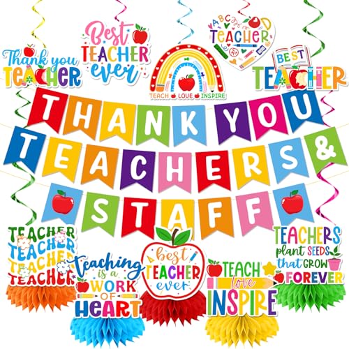 Teacher Appreciation Decorations Staff Appreciation Decorations includes Thank You Teachers & Staff Banner and Colorful Teacher Hanging Swirls Teacher Appreciation Week Decorations for Home Office
