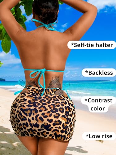 Image of ShawGobow Womens 3 Piece Leopard Bikini Set,Triangle String High Cut Thong Sexy Swimsuit & Coverup Skirt,Pool Party Outfit