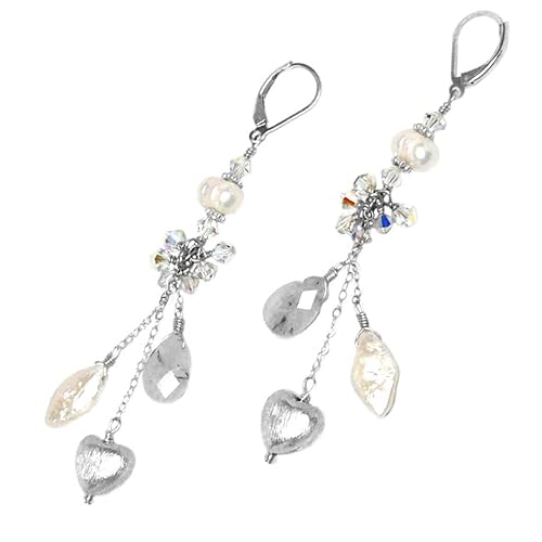 Rutilated Quartz Cultured Pearl Sterling Silver Heart Chain Dangle Chandelier Earrings